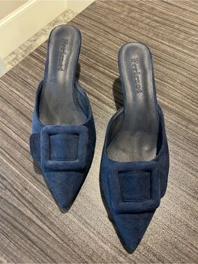 Fratelli Rossetti Navy Suede Pointed Mule with Buckle Accent